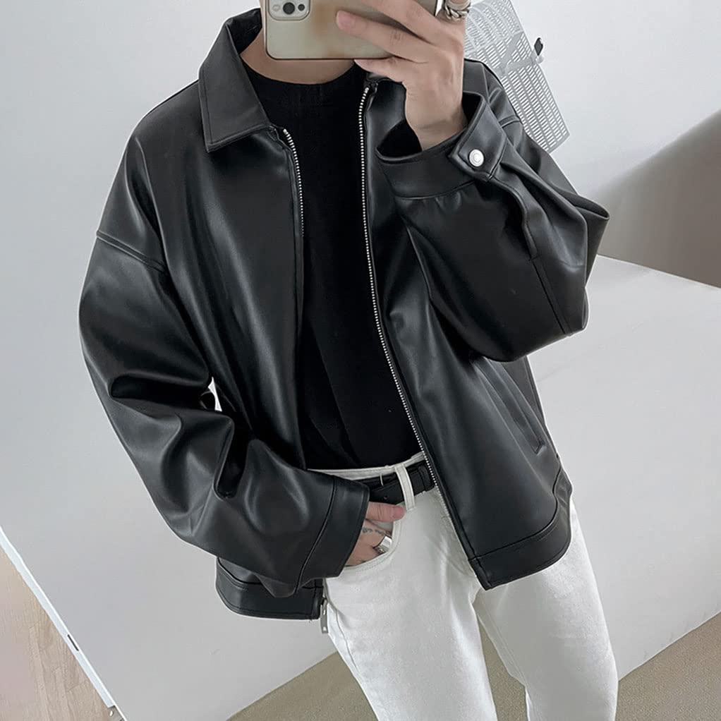 BREAORTION Leather Stadium Biker Synthetic Leather Solid Color Stylish Street Style Plus Sizes Men's Jacket, Jacket, Jacket, Jacket, Outerwear,