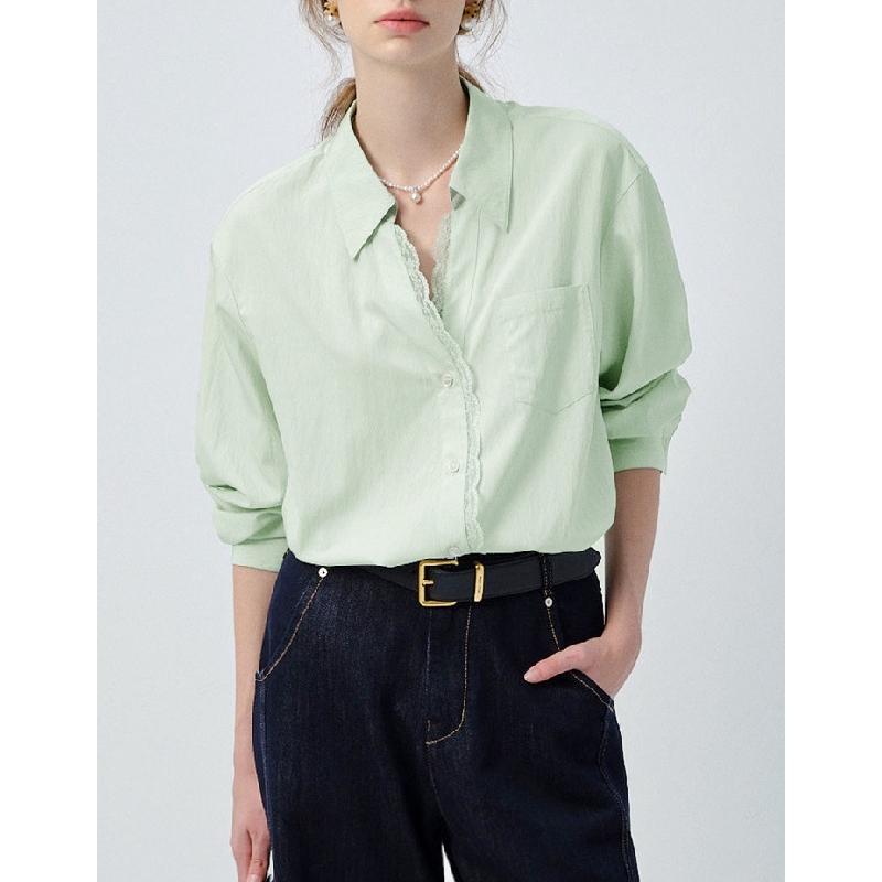 White long-sleeve women's shirt, 2026 spring new style, European style lace trim loose top