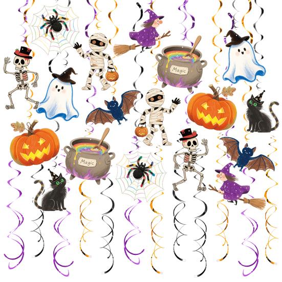 48 Pcs Halloween Hanging Swirls Decoration Spooky Ceiling Spiral Streamer with Spider Pumpkin Ghost Sign for Halloween Home Decor