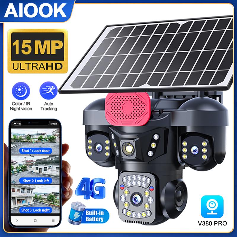 

AIOOK V380 Solar Camera Outdoor Waterproof Triple Lens HD 15MP 4G SIM Camera Horn Alarm Night Vision Two-Way Intercom IP CCTV camera