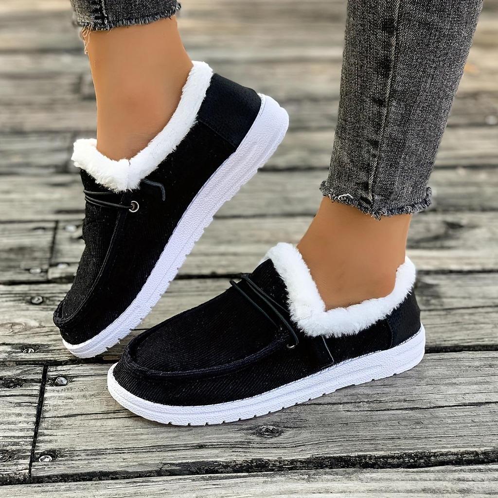 Ladies' Gray Loafers with White Fur Decorati - Comfortable Round Toe Flat Shoes, Comfortable Fabric Lining, Covering The Sole, Comfortable In Winter