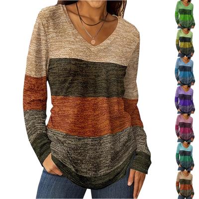 Women's Color Blocked Casual Fashion Long Sleeved V-neck T-shirt Top