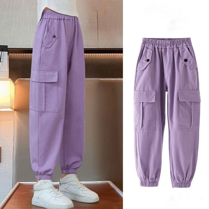 

Cargo Pants for Girls Kids Casual Trousers Trendy Korean Style Bunded Feet Children s Pants 110 фиолетовый