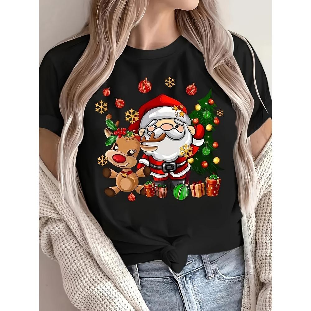 Christmas Santa and Reindeer Print Crew Neck T-Shirt Harajuku Sleeve Women's T-shirt Clothing Street Tops Tees Aesthetic Clothes