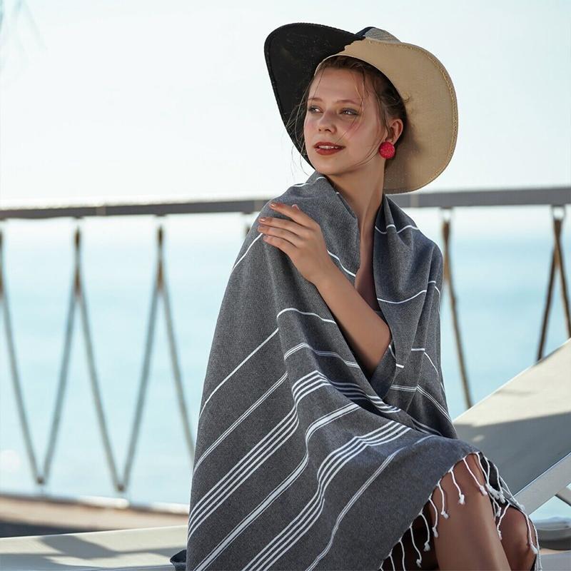 Striped Cotton Turkish Sports Bath Towel With Tassels Travel Gym Camping Sauna Beach Pool Blanket Absorbent Easy Care