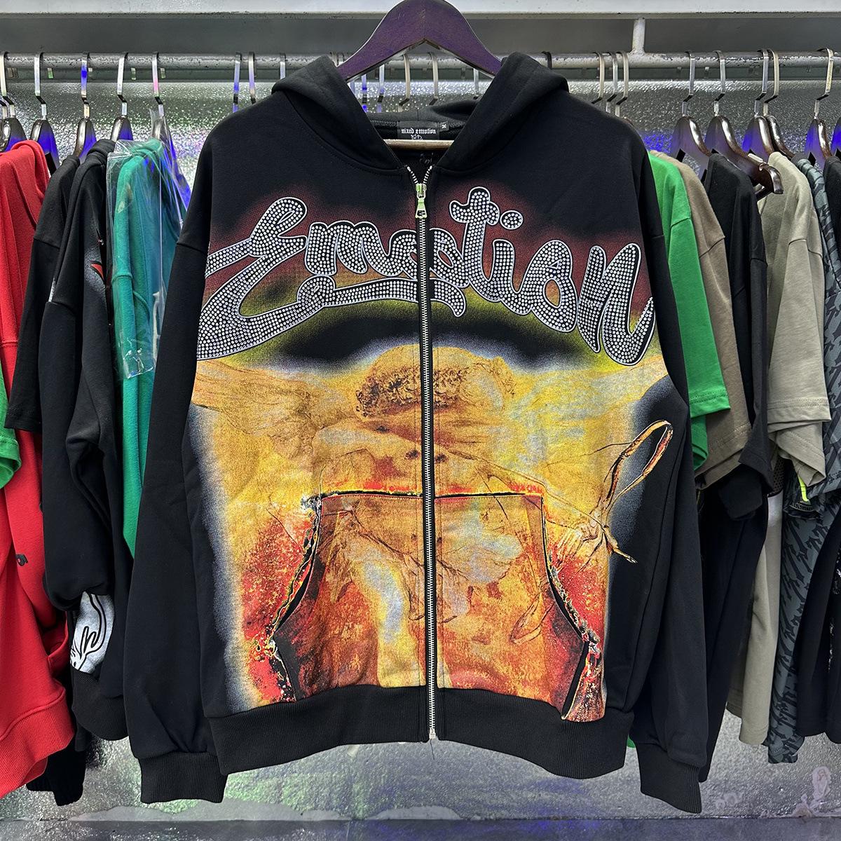 Unisex Rhinestone Angel Terry Cloth Hoodie Cardigan S