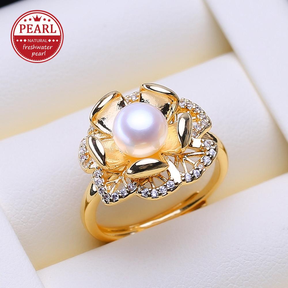 LSOOYH Freshwater Pearl Rings for Women Luxury Wedding Party Gold Color Flower Ring,Birthday Gifts