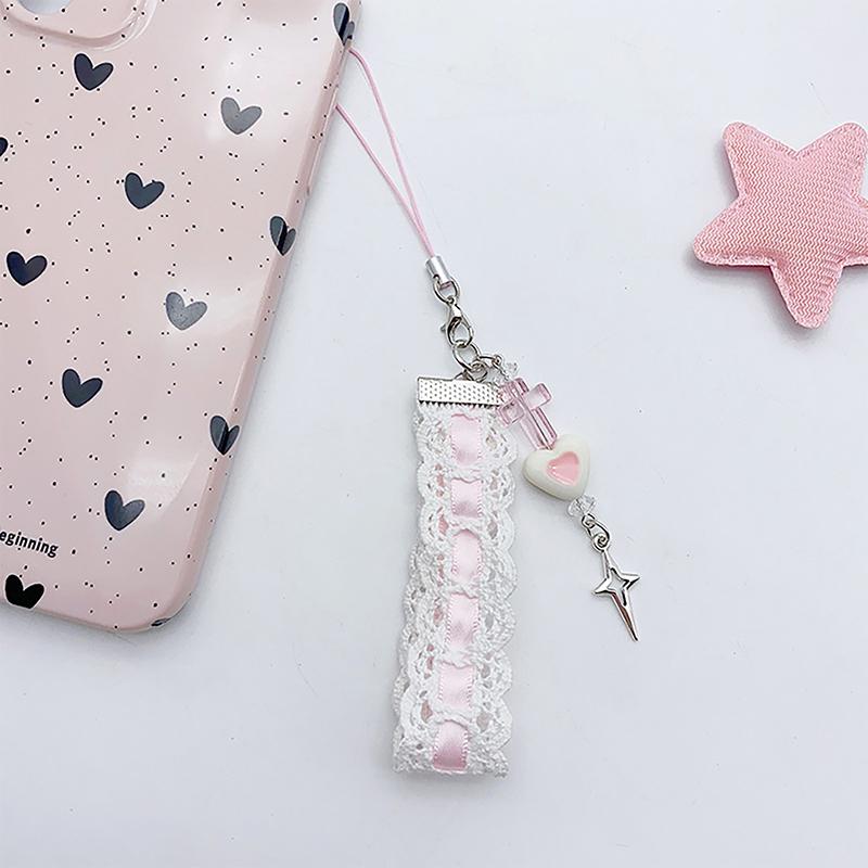 Sweet Lovely Lace Ribbon Cat Heart Pendant Keychain Phone Charm Lanyard Bag Decoration For Women Portable Hangings Lanyard Gifts