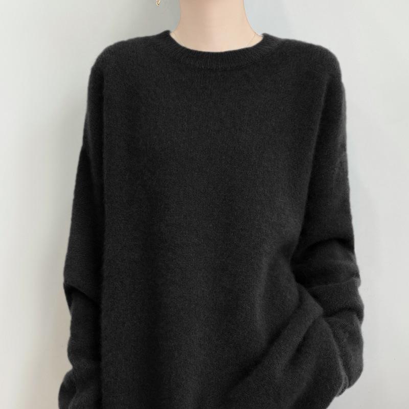 100% Pure Wool Women's Round Neck Knit Sweater - Long Sleeve, Loose, Lazy Style for Autumn/Winter