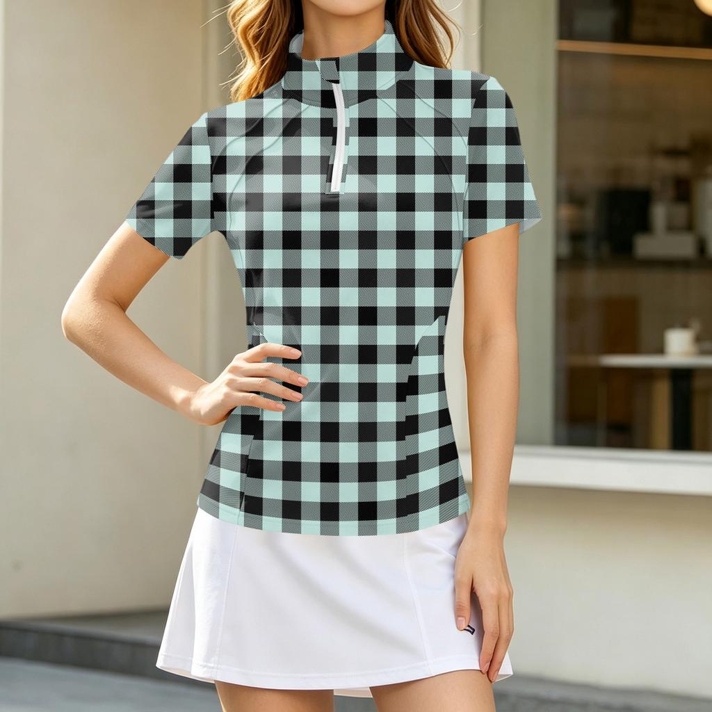 Women's Casual Plaid Short Sleeve Shirt with Zipper Closure, Collar and Side Pockets