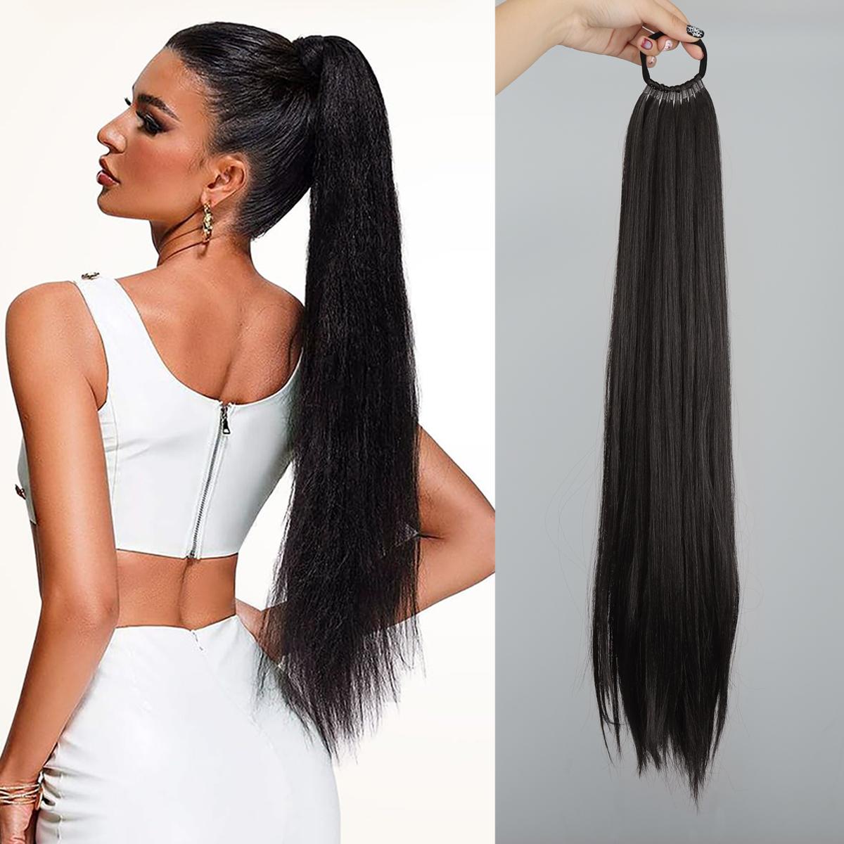 

Синтетические наращивания хвоста на эластичной ленте, прямой наращивание хвоста для женщин, длинный прямой мягкий натуральный хвост 24 дюйма