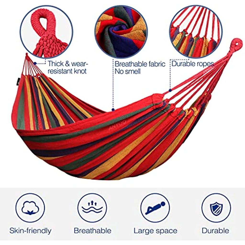 Bawełniany hamak ogrodowy Wygodny hamak materiałowy z paskami na drzewie do zawieszenia Trwały hamak Przenośny hamak o wadze do 450 funtów z torbą podróżną