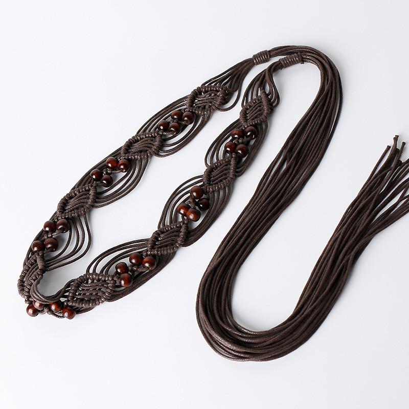 Bohemian Woven Waist Belt For Dresses With Tie Closure And Fringe Detailing For Spring 2025 чёрный