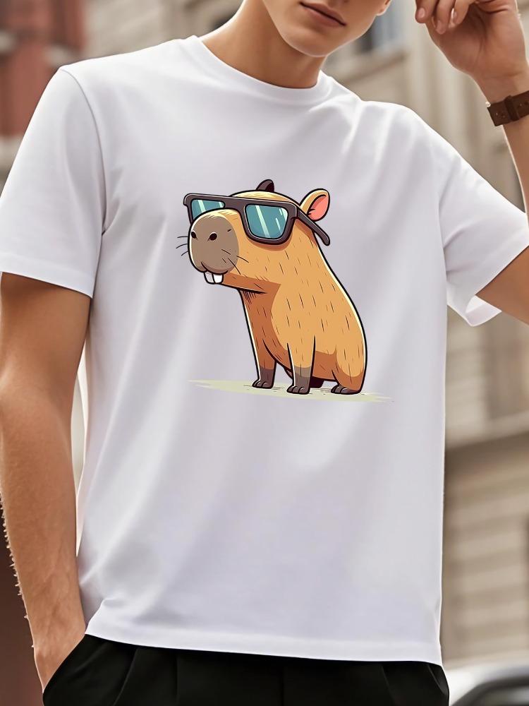 Men O Neck Tee Sunglasses Capybara Cartoon Print Cotton Short Sleeve Loose Summer Street Daily