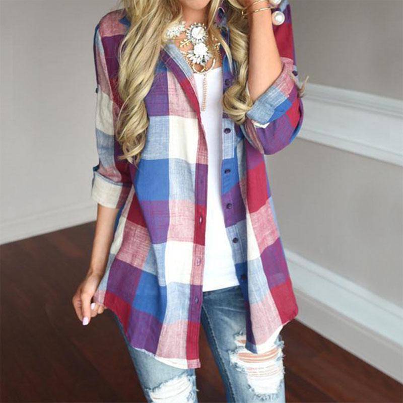 Women Long Sleeve Plaid Linen Shirt With Turndown Collar For Casual Office Wear