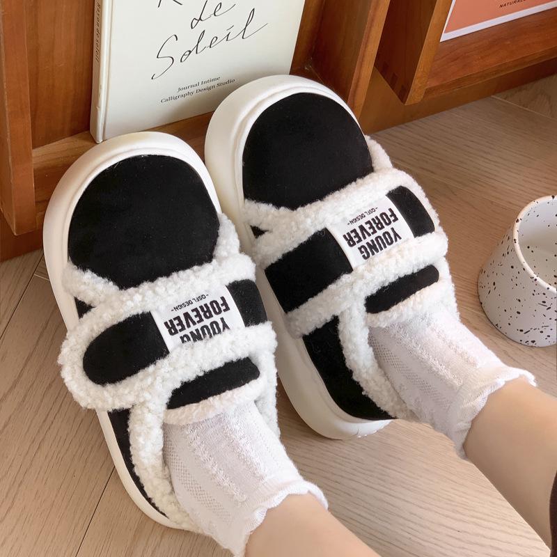 

Женские европейские ретро хлопковые туфли на полном каблуке: Теплый комнатный/уличный нескользящий плюш для осени и зимы 36-37 чёрный