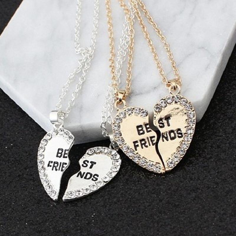 2 Pcs/Set  Best Friends Love Heart Pendant Charm Chain Necklace Jewelry  (Size: One Size, Color: Sil