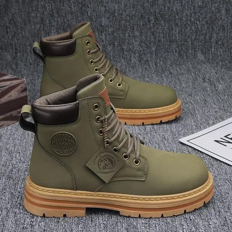 Men's Boots Autumn 2025 High Top Workwear Boots British Style Korean Version Thick Soled Lace Up Anti Slip Warm Waterproof Boots