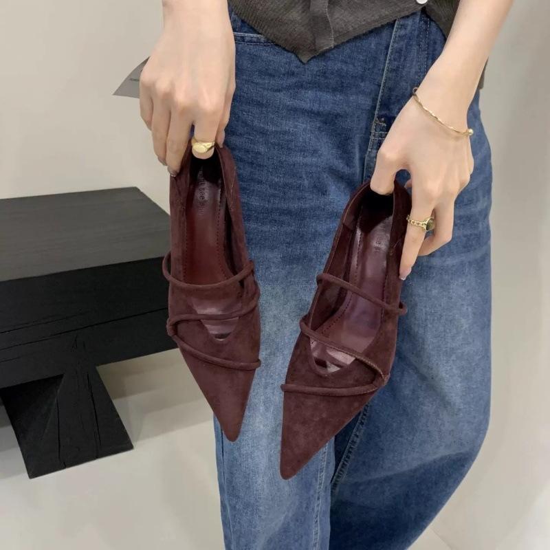 Temperament suede pointed kitten heel single shoes women's autumn and winter new high heels French versatile retro single boots