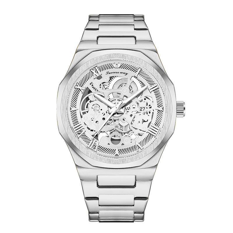 

Мужские деловые часы-скелетоны, немеханические, стальной браслет, большой циферблат, модные часы с римскими цифрами
