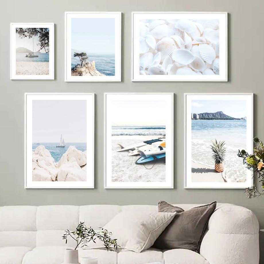 Фламінго Дошка для серфінгу Пляж Океанські хвилі Ракушка Настінне мистецтво Картини на полотні Тропічні плакати та принти Настінні картини для домашнього декору