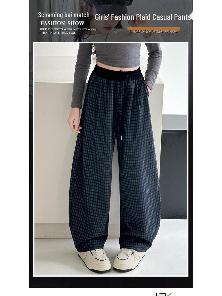 Girls' 2025 Winter Plaid Fleece-Lined Wide Leg Trousers - Warm, Thick, Casual Long Pants