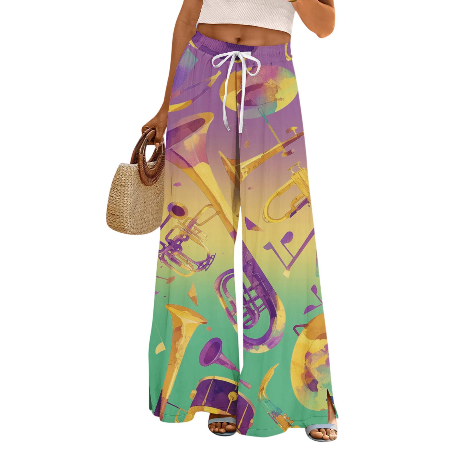 

Ladies Loose And Casual Printed Wide Leg Pants With Elastic Waistband Drawstring And Pocket Pants XL жовтий