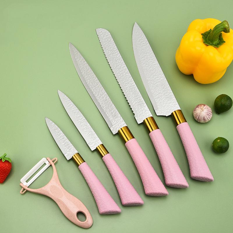 Sex delar rostfritt stål knivset Rose Gold presentförpackning köksredskap
