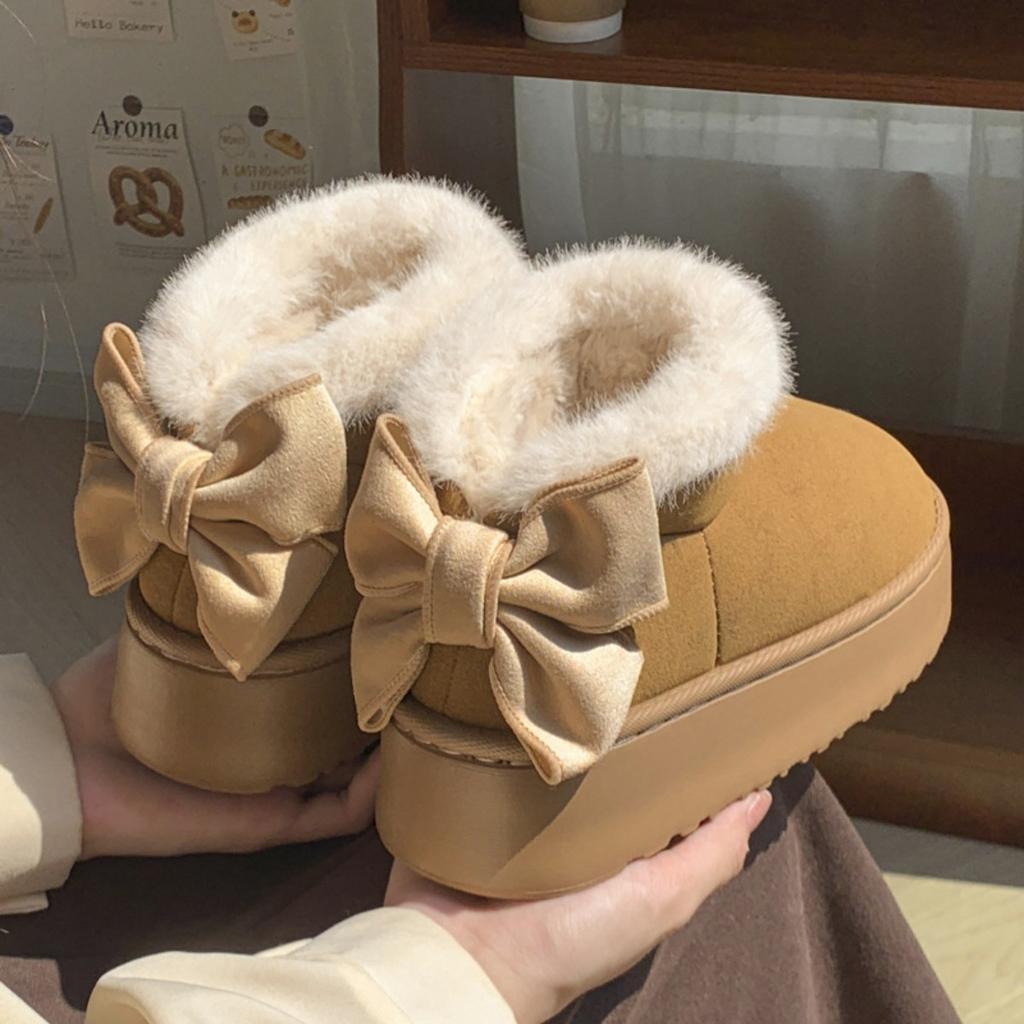 Hairy Mouth Bag and Butterfly Knot Cotton Shoes for Women In Winter, Thick Soled, Height Increasing, Versatile, and Plush Warm Snow Boots