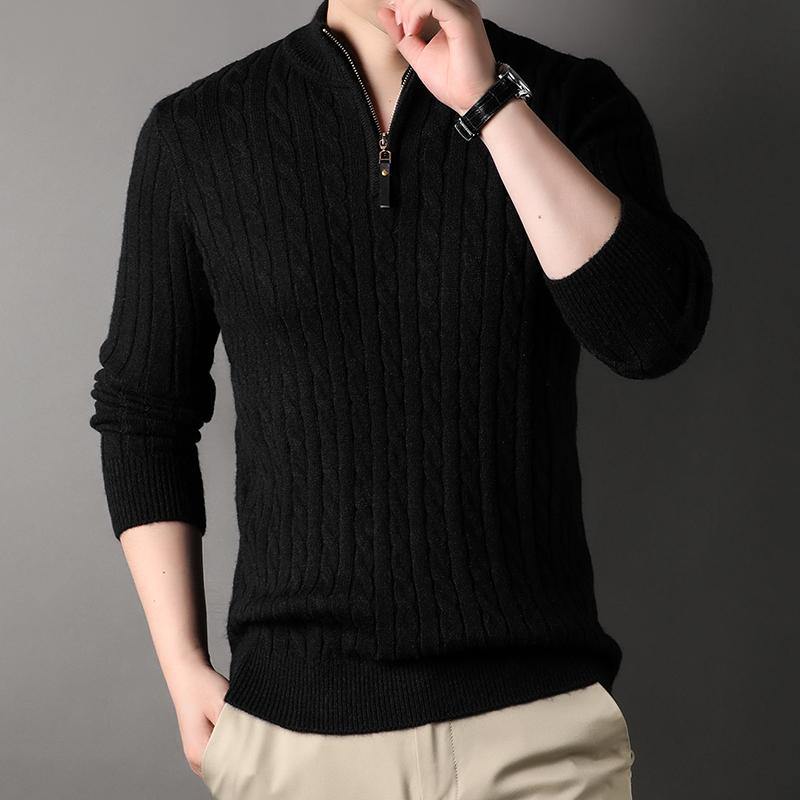 Winter Men's Solid Color Zip Sweater Slim Fit Casual Knitted Turtleneck Pullover Mock Neck Polo Sweater