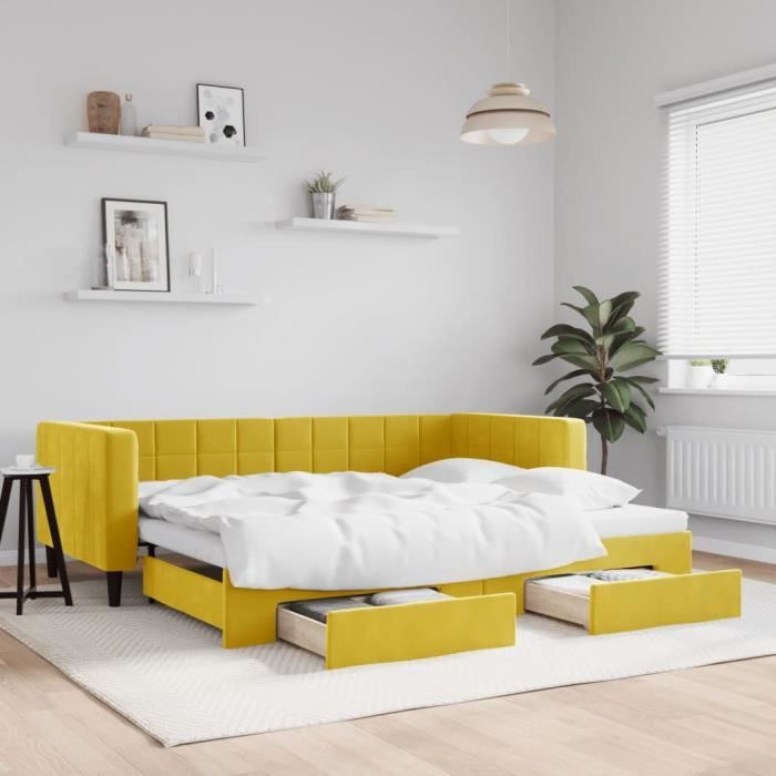 VidaXL Daybed with Trundle and Drawers Yellow 90x200 Cm Velvet 3196744