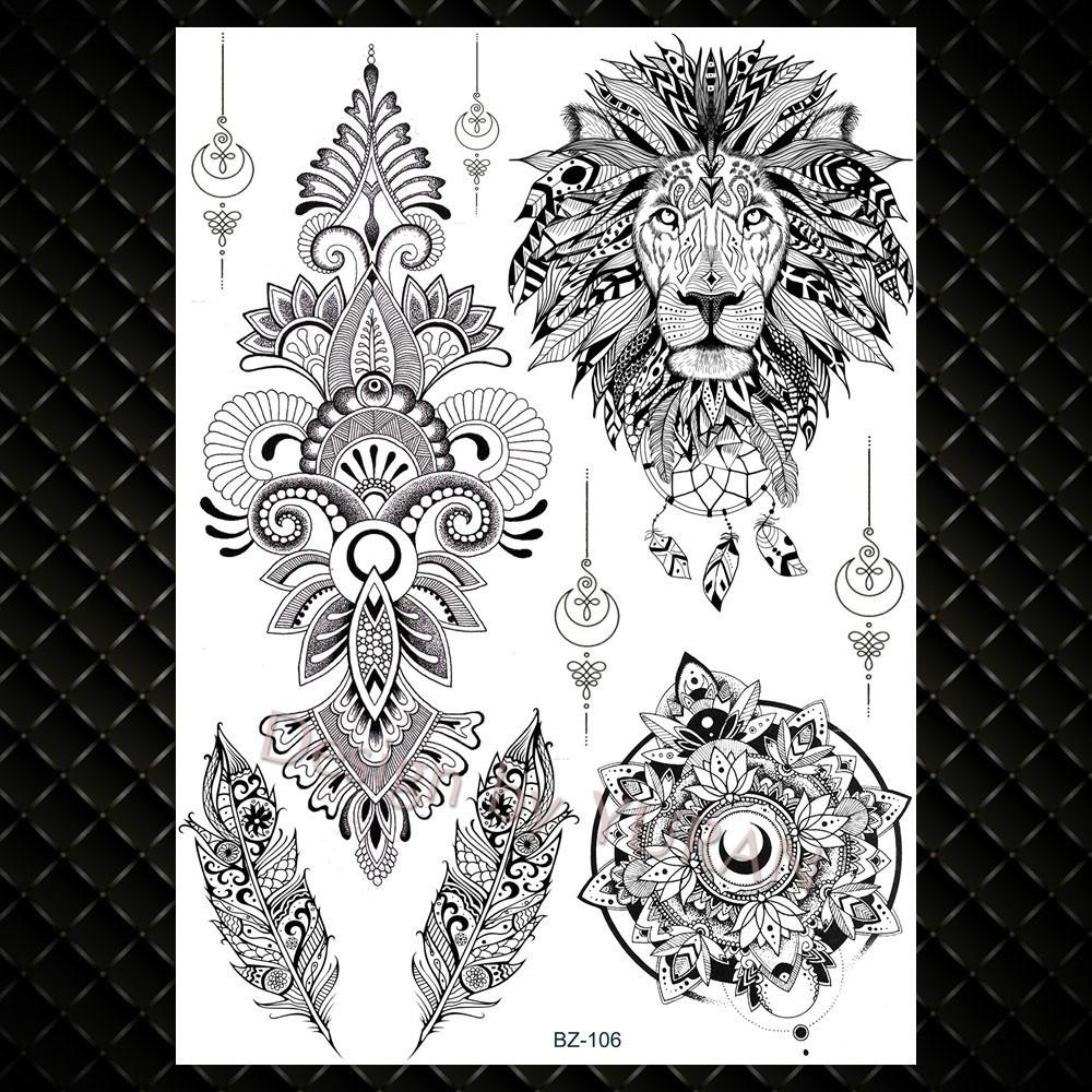 Black Women Forest Boho Wolf Lion Totem Tattoos Stickers Girls Henna Mandala Floral Fake Tatto Temporary Lotus Custom Arm Tattoo