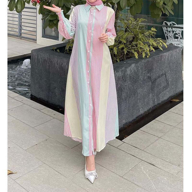 

Southeast Asia Women clothes Spring and Autumn Vertical Gradient Color Stripe Shirts Long dress Indonesia Malay Long sleeve dress Dress Pink L