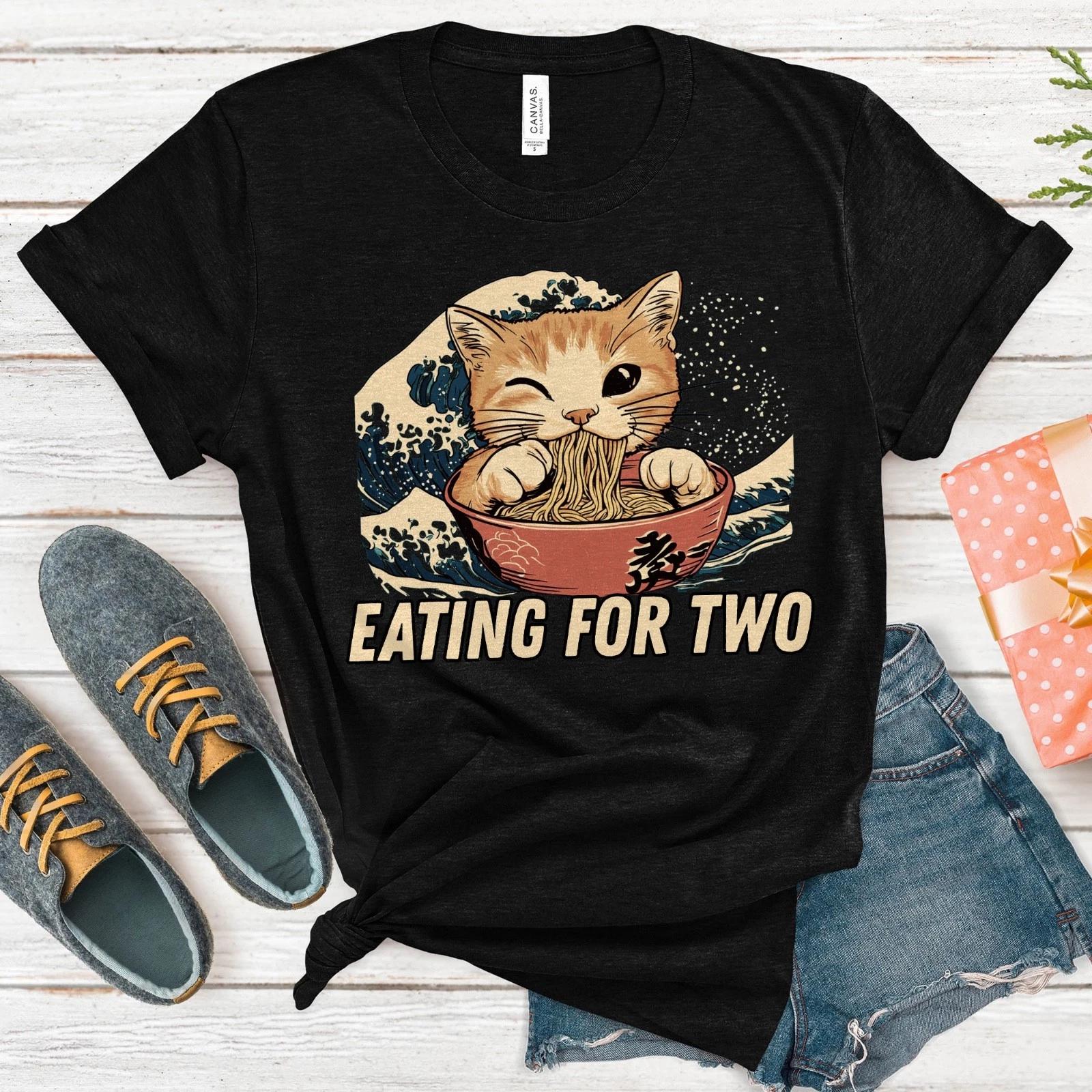 Eating For Two Ramen Cat Funny Pregnancy Announcement Tee, Kawaii Noodle Kitten S