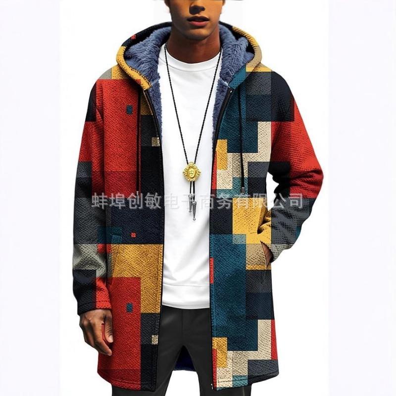 

Мужская парка средней длины с флисовой подкладкой, с капюшоном, цветовой блок, геометрический узор, теплая зимняя куртка S красный