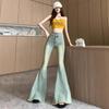 2024 Dam Retro Hög Midja Fishtail Flare Jeans - Smalande Elastiska Vida Ben Golvlånga Byxor