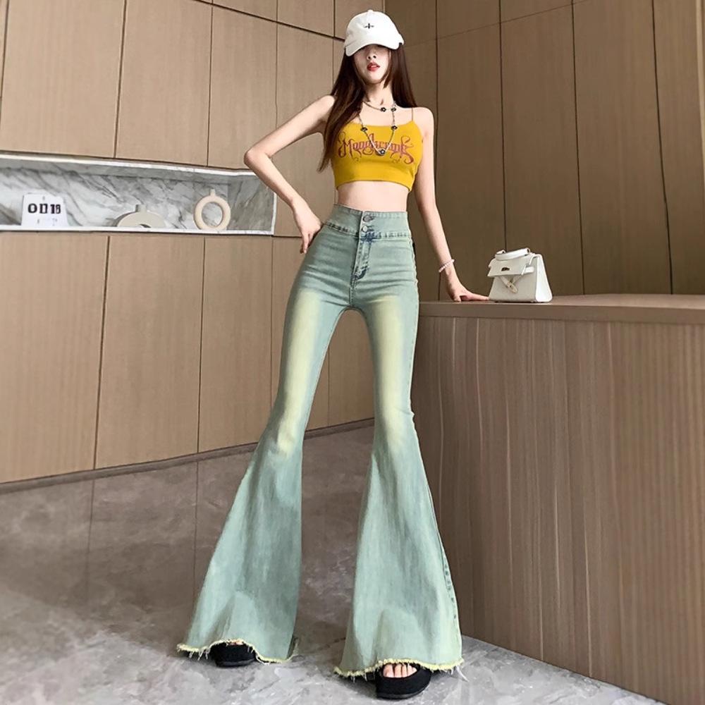 2024 Dam Retro Hög Midja Fishtail Flare Jeans - Smalande Elastiska Vida Ben Golvlånga Byxor