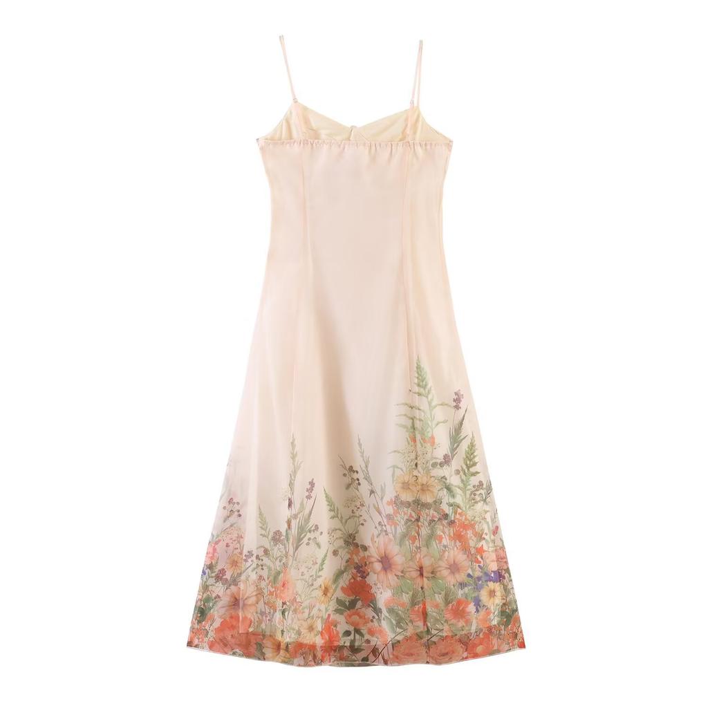 Summer new European and American spring women's clothing three-dimensional flower decorative printing suspender holiday dress