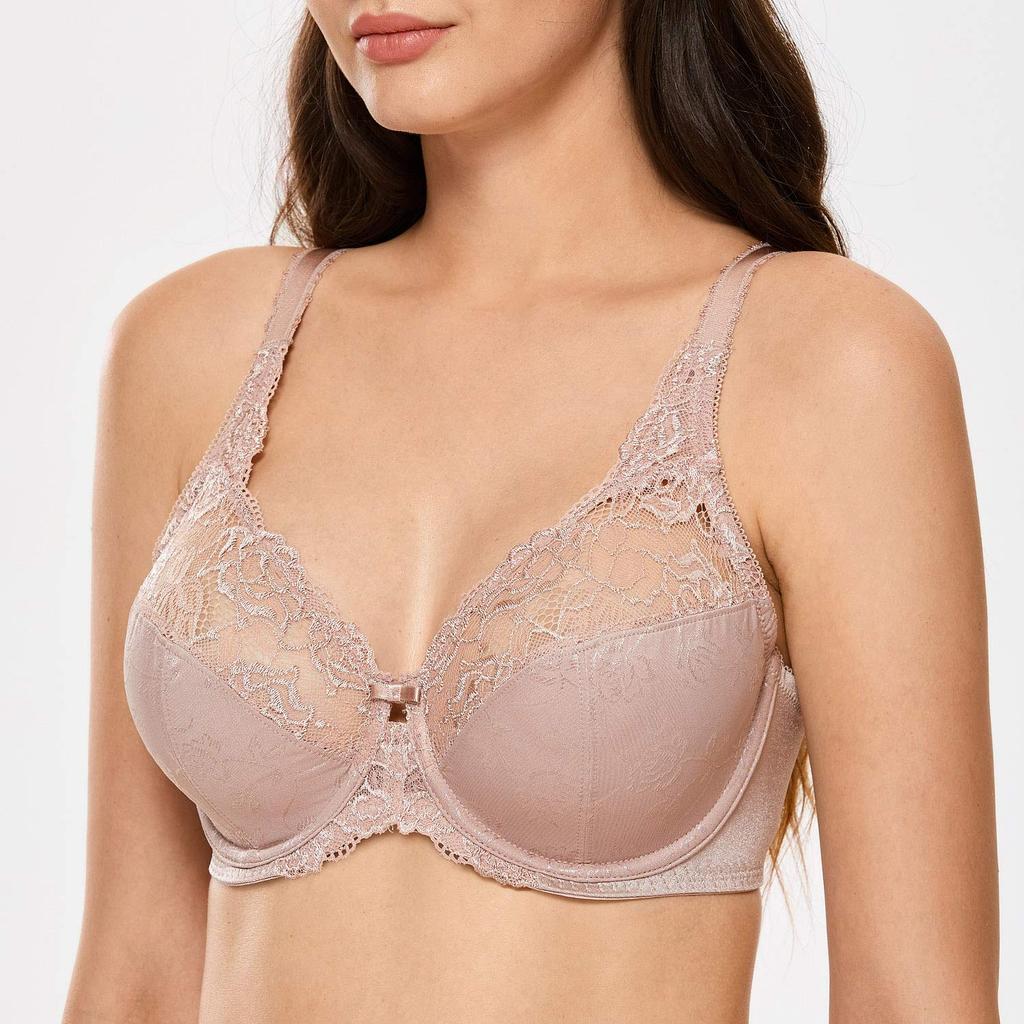 Large Size Full Floral No High Slim Smaller Looking Smaller Bust Light F105 [DELIMIRA] Bra, Cup, Lace, Underwire, Pads, Sides, Back, Bra, Bra, Brown,