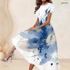 Women Plus Size Round Neck Short Sleeve Blue White Beige Printed Gathered Waist A Line Long Dress