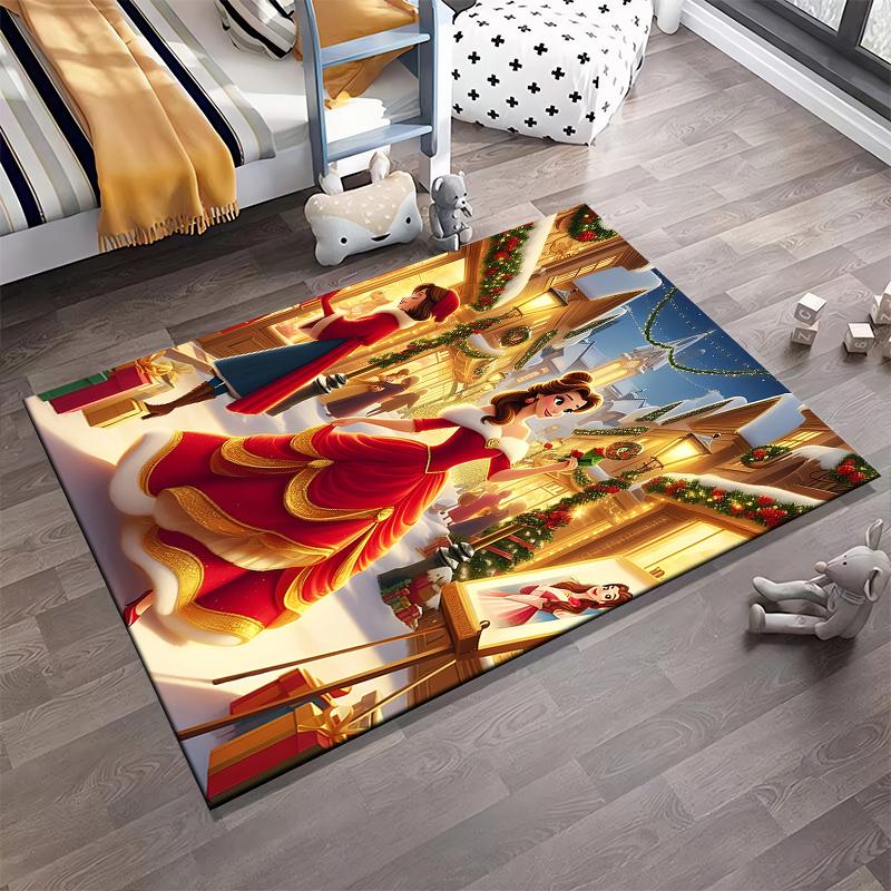 Flannel Rug Belle in Red Christmas Gown in Snowy Village Beauty and the Beast Holiday Cartoon Home Decor Living Room Gift
