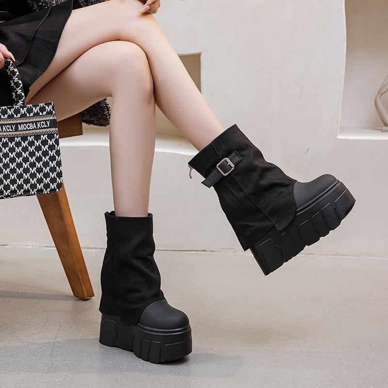 

Женские кожаные ботинки с ремешками, осень-зима 2025, новые брюки, ботинки Мартин на супервысоком каблуке, однотонные, простые и универсальные, трендовые 39