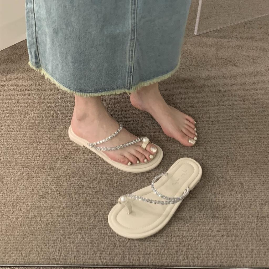 Fairy Slippers Female Outer Wear Summer 2025 New Korean Version Rhinestone Temperament French Evening Wind with Skirt Flat Bottom Sandals