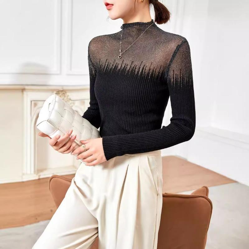 Mesh splicing silk wool knitted bottoming shirt women's autumn new turtleneck wool top with sweater inside