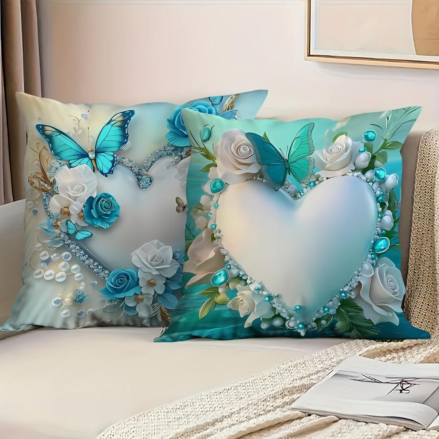 Valentine's Day Navy Blue Heart Shaped Butterfly Floral Pillowcase Suitable for Sofa Car Bedroom Decorative Cushion Cover