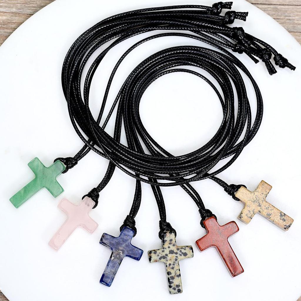Unisex Rose Quarz Kreuz Anhänger Halskette mit langem Wachskordel - Perfektes Weihnachtsgeschenk Schmuck