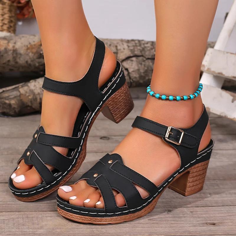 Fashion Women's Ankle Strap Chunky Heel Sandals Summer 2025 Fashion High Heels Dress Shoes Woman Roman Braided Platform Sandalias Mujer