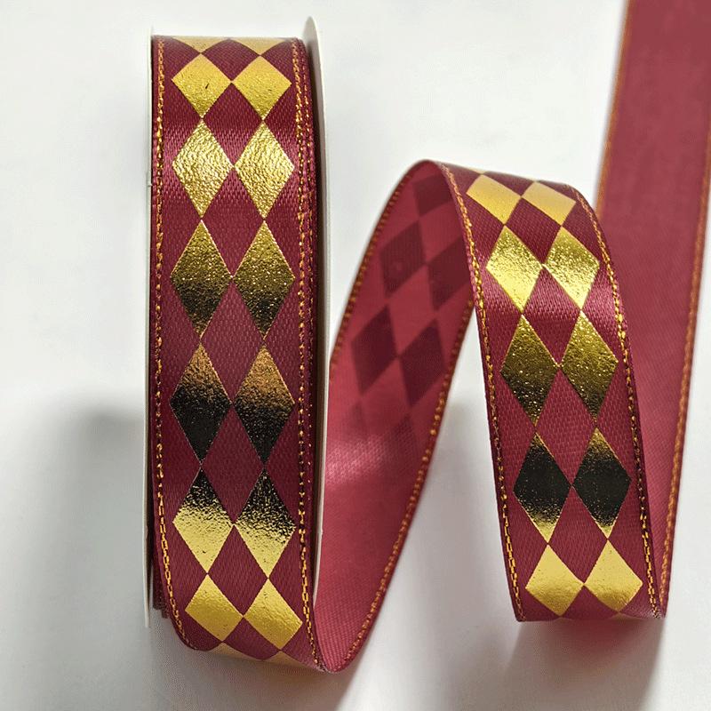 2.5" Diamond Grid Gold Foil Satin Ribbon for DIY Hair Accessories, Gift Bows, and Festival Decorations.