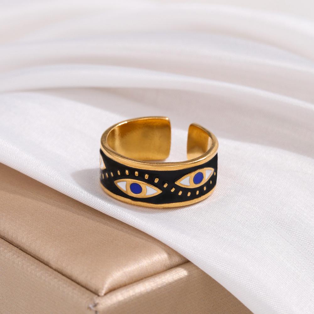 Evil Eye Enamel Ring - Retro Ethnic Style In Black & White, Stainless Steel