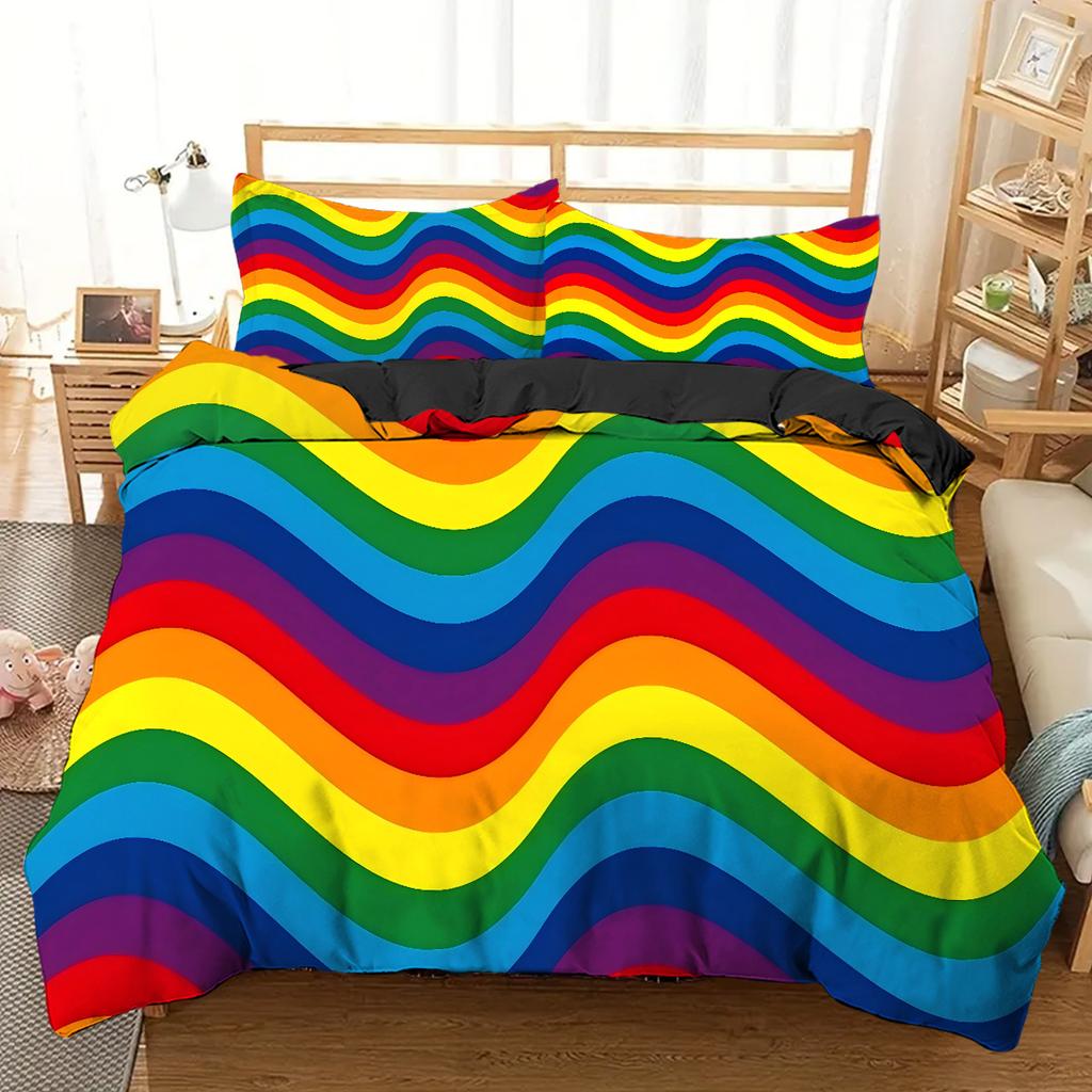 Regenbogenstreifen 3D-gedruckter Bettbezug Ganzjahreszeit Geometrisch Weicher Bettwäschebezug Kissenbezug Luxuriöse Heimtextilien Bettbezug-Sets